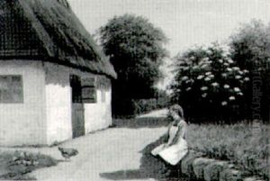 Feeding The Chickens By A Thatched Cottage