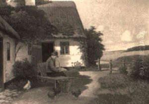 A Farmer Relaxing Outside His House In Summer by Alfred (Valdemar) Larsen