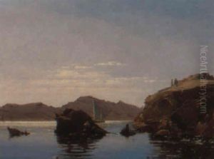 Sydeurop+isk Klippekyst Med Personer Og Sejlskibe by Carl Frederick Emmanuel Larsen