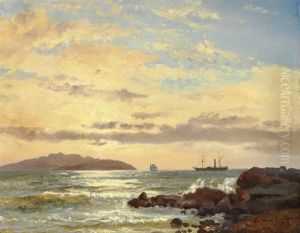 Seascape With Sailing Ships Off The Coast by Emanuel Larsen