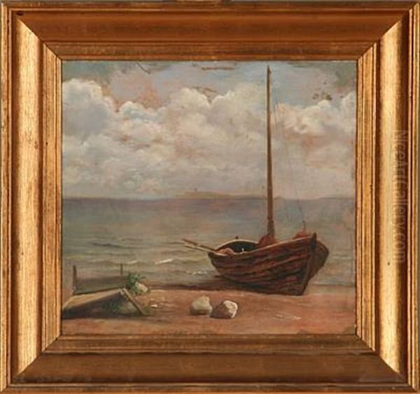 Coastal Scene With A Fishing Boat On The Beach - view 1