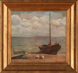 Coastal Scene With A Fishing Boat On The Beach by Emanuel Larsen