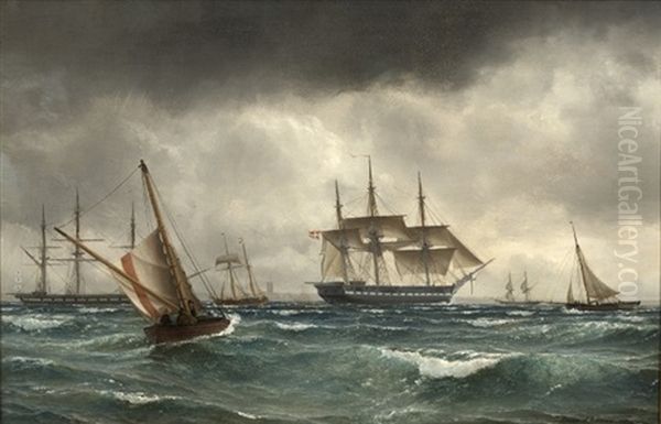 Dansk Og Russisk(?) Fregat, Lodsbad Samt Andre Sejlskibe Pa Rheden I Sundtoldens Dage, Et Uvejr Truer - view 1