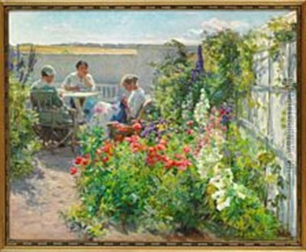 Summer Day With Flowers In Bloom In The Garden And Three Young Women Sewing - view 1