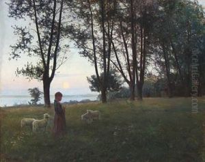 Sunset In A Forest Glade With A Young Girl And Sheep