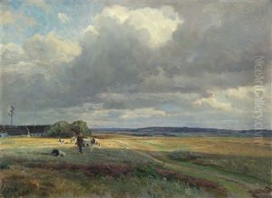 Landscape With A Farmer And Cows In The Field