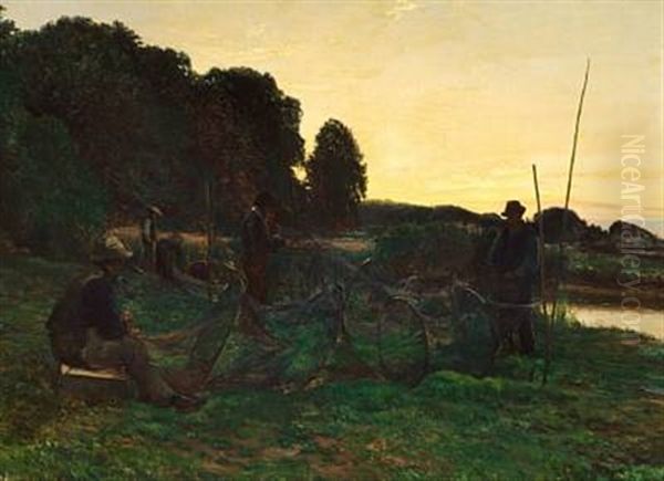 Aalefiskere- Fishermen Preparing Their Fish Traps In The Early Morning Light - view 1