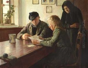 Interior Med Familie Omkring Et Bord, Datteren Laeser Op Af Et Brev