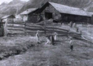 Spielende Kinder Vor Einem Tiroler Dorf by Knud Larsen
