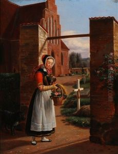 A Woman In A Seeland Folk Costume Standing Near A Churchyard by Peter Julius Larsen