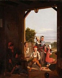 A Bunch Of Kids Teases The Sleeping Fiddler And His Little Helper by Peter Julius Larsen