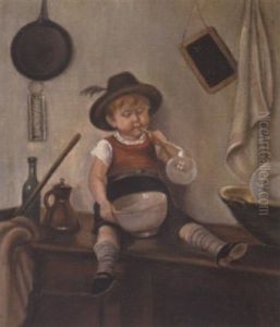 Interior Med Dreng, Der Blaeser Saebeboble by Peter Julius Larsen