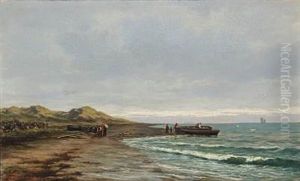 Coastal View With Boats And People On The Beach, Presumably From Norway