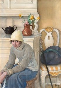 Girl With Ice Skates, Interior From The School Household, Falun by Carl Olof Larsson