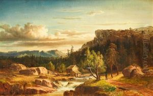 Landskap Med Fors Och Stuga by Marcus Larsson