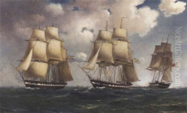 Swedish And Danish Frigates Saluting As They Pass - view 1