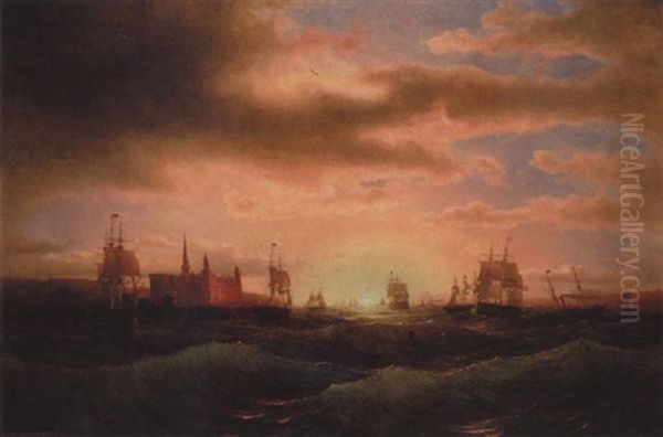 Marine Med Tremastere Og Dampskibe I Hoj So Ud For Kronborg Ved Solnedgangstide - view 1