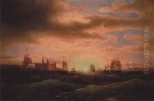Marine Med Tremastere Og Dampskibe I Hoj So Ud For Kronborg Ved Solnedgangstide by Marcus Larsson