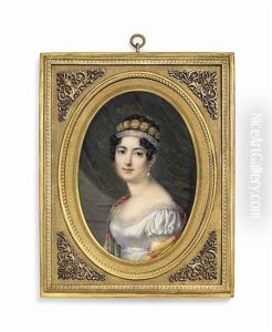 A Young Lady Called Josephine De Beauharnais (1763-1814), In White Dress, Striped Shawl Around Her Shoulders, Drop-pearl Earring, Three Strings... by Andre Leon (Mansion) Larue