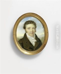 A Young Gentleman, In Brown Coat, White Waistcoat, Shirt And Knotted Cravat, Brown Hair And Sideburns by Andre Leon (Mansion) Larue
