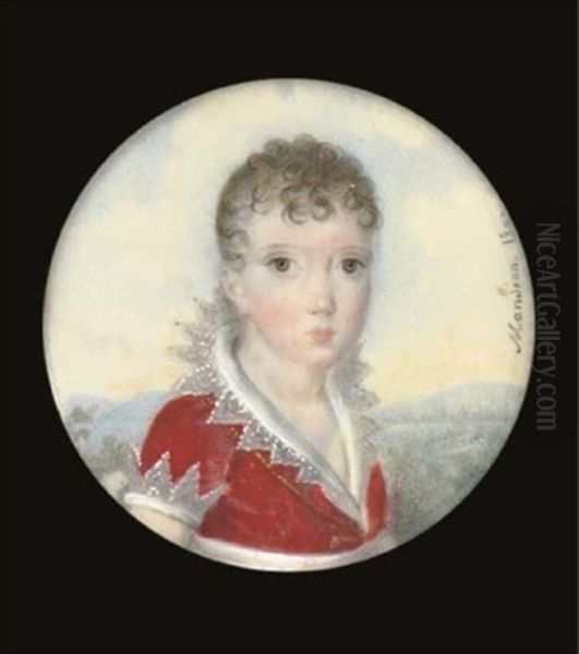 A Young Child In Scarlet Dress With Scalloped Collar And Cuffs - view 1