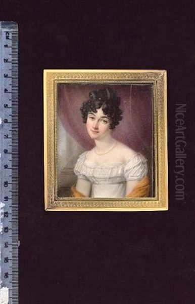 Miss Elizabeth Cooper, Wearing White Dress, The Bodice And Sleeves Striped With Ribbon, Lace Collar, Gauze Underslip, Deep Yellow Shawl And Chain Necklace, Crimson Curtain And Pillar Background - view 1