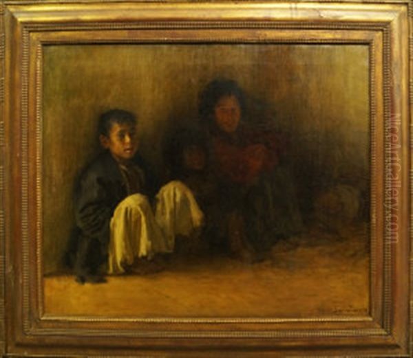 Mother And Two Children Seated On A Pavement - view 1