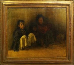 Mother And Two Children Seated On A Pavement by Hans Larwin