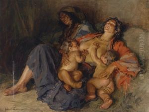 Zigeunerinnen Mit Ihren Zwei Kindern by Hans Larwin