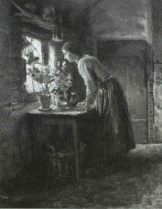 Lady In Interior With Flowers by Roland Lary