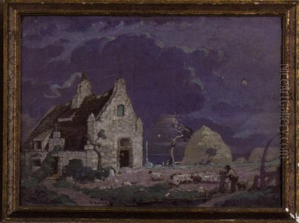 Nighttime Landscape With A Shepherd Herding His Flock Of Sheep - view 1