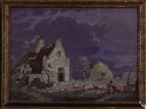 Nighttime Landscape With A Shepherd Herding His Flock Of Sheep by Charles Augustus C. Lasar
