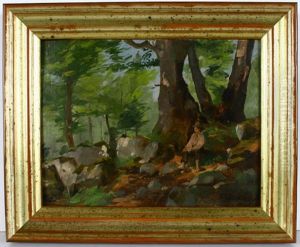 Waldlandschaft Mit Findlingen Und Einem Knaben, Dieser Auf Einem Felsbrocken Sitzend by Carl Johann Lasch