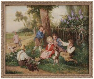 Children And Dogs At Play by Gustave Francois Lasellaz