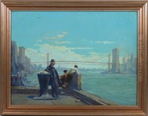 Figures On A Pier, Brooklyn Bridge In Distance by Lee Lash