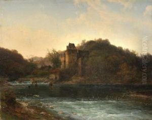 Flusslandschaft Mit Mittalterlicher Burg In Der Dammerung