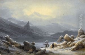 Drei Jager Mit Hund An Einem Bergsee by Gustav (Augustin G.) Lasinsky