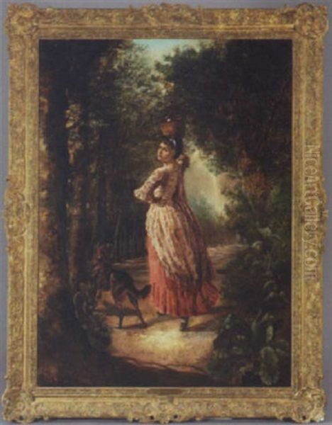 Maiden On A Wooded Path With A Playful Dog - view 1