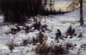 Rotwild In Verschneiter Winterlandschaft Am Bach by Aksel Martin Lassen