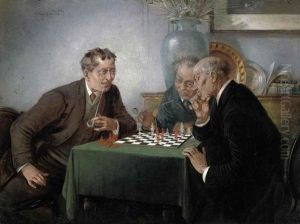 Portrait Of Three Gentlemen Playing Chess by Hans August Lassen