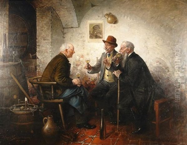 Die Weinprobe. Drei Herren In Vergnugter Runde Im Weinkeller - view 1