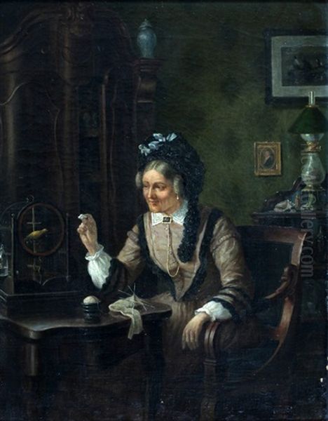 Zittende Vrouw Bij Vogelkooi - view 1