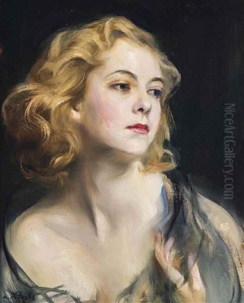 Portrait Of Helen Beatrice Myfanwy Hughes, Head And Shoulders, Three-quarter Profile To The Right, Wearing A Dark Blue Chiffon Stole Around Her Bare Shoulders, Her Left Hand Raised - view 1