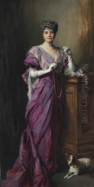 Lady White Todd, Nee Miss Aline Lefebvre, Full-length, Wearing Evening Dress, White Gloves And A Long Strand Of Pearls, Her Left Elbow Resting On A Wooden Pedestal And A Jack Russell Terrier Lying At Her Feet - view 1