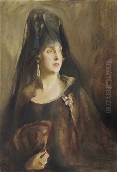Portrait Of Queen Victoria Eugenia Of Spain (1887-1969), Half-length, Wearing A Plain Sleeveless Black Gown, The Order Of Queen Maria Luisa On A Purple And White Ribbon Pinned To Her Dress, Holding A Fan In Her Right Hand - view 1