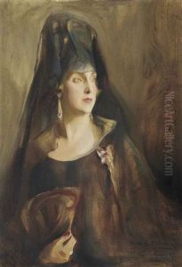 Portrait Of Queen Victoria Eugenia Of Spain (1887-1969), Half-length, Wearing A Plain Sleeveless Black Gown, The Order Of Queen Maria Luisa On A Purple And White Ribbon Pinned To Her Dress, Holding A Fan In Her Right Hand by Philip Alexius De Laszlo