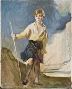 Study For Portrait Of The Hon. Andrew Elphinstone (1918-1975), Wearing An Open Necked Cream Shirt And A Royal Stuart Tartan Kilt, Holding A Bow Or Staff In His Right Hand, A Blue Sky And Landscape Beyond