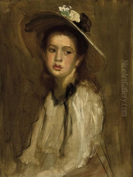 Portrait Of A Young Girl In Hat With Green And White Corsage - view 1