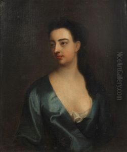 Portrait Of A Lady, Bust-length, In A Blue Dress, Within A Painted Oval by James Latham