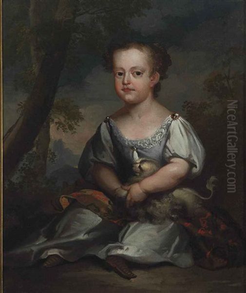 Portrait Of A Sarah Cosby In A Blue Dress, Seated In A Wooded Landscape With A Dog In Her Lap - view 1